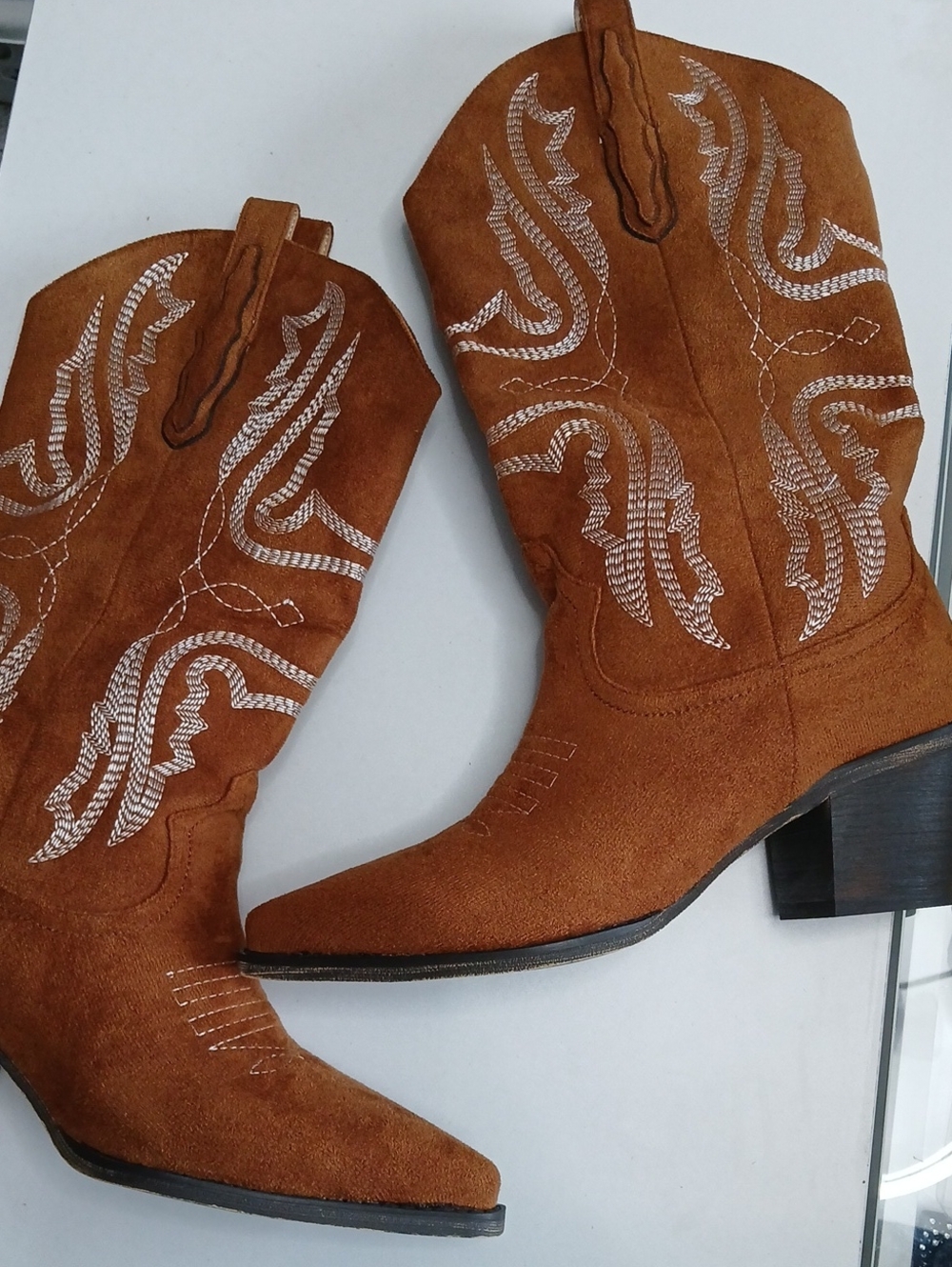 Women’s Brown Suede Western Cowboy Boots - Embroidered Pull-On